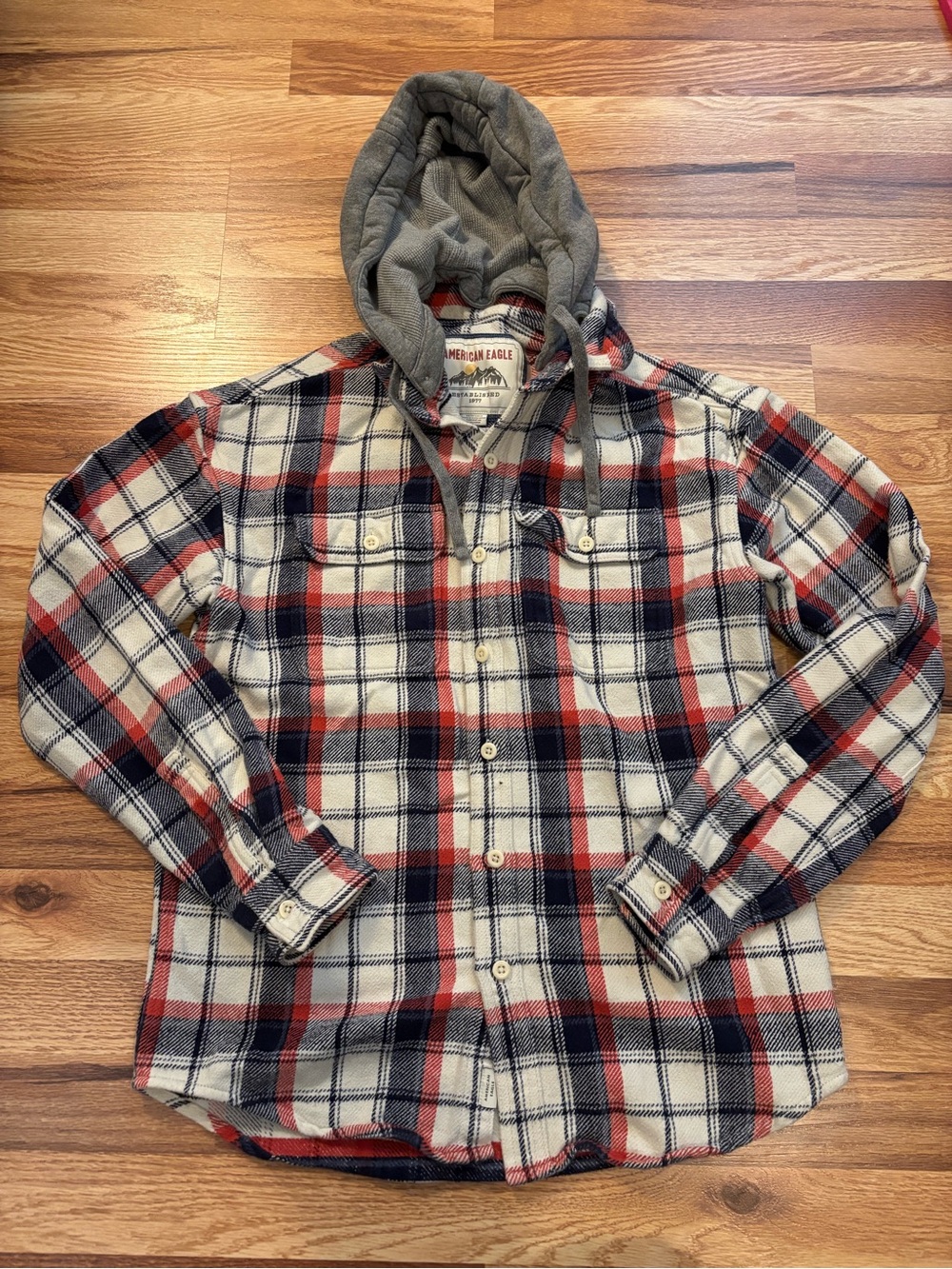 American Eagle Button Up Red, Navy & White Plaid Hooded Flannel Shirt Mens XS